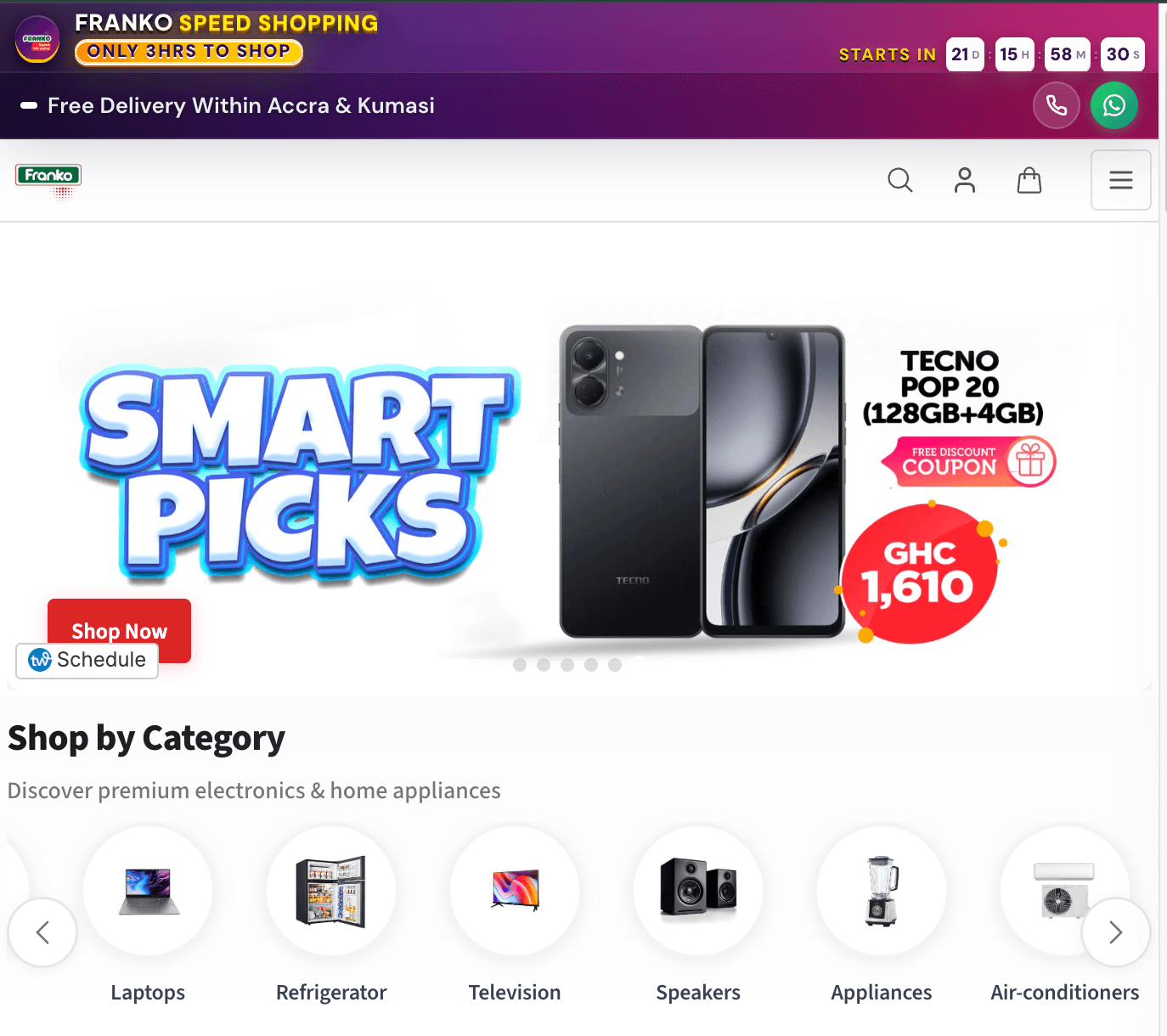 Franko Trading e-commerce website displaying electronics, product categories, and promotional offers